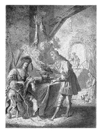 Esaü, habillé comme un chasseur, a vendu son droit d'aînesse à Jacob pour une assiette de lentilles.