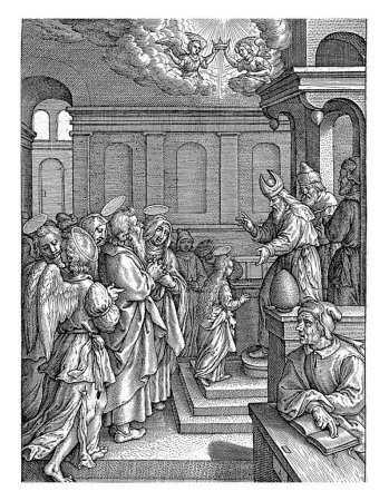 Foto de Presentación de María en el Templo, Jerónimo Wierix, 1563 - antes de 1619 La joven María está acompañada por su padre, su madre y sus ángeles mientras sube las escaleras hacia el altar. - Imagen libre de derechos