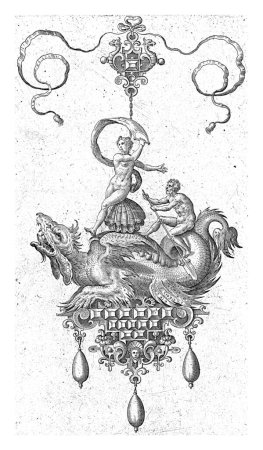 On the shell is Venus Anadyomene. On the tail of the dragon sits a man with an oar. One of 7 partly numbered sheets from a series of 10 sheets with pendants.