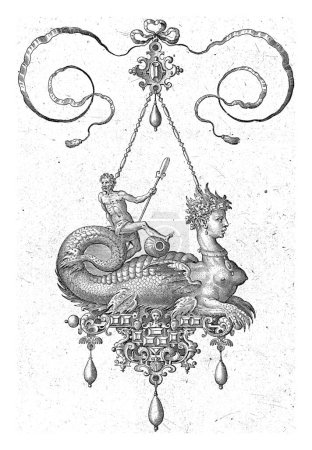 The lower body of the sphinx has been replaced by the rump and tail of a fish. On the tail is a man with an oar. One of 7 partly numbered sheets from a series of 10 sheets with pendants.