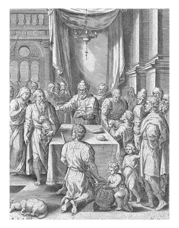 Foto de Joaquín y Ana en el templo, Hans Collaert (I), después de Crispijn van den Broeck, 1576 Joaquín quiere sacrificar un cordero en el templo, pero el sacerdote de turno rechaza el sacrificio. - Imagen libre de derechos