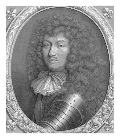 Foto de Retrato de Luis XIV, rey de Francia, con arco en un marco oval con lirios, Pieter van Schuppen, después de P. Mignard, 1672 - Imagen libre de derechos