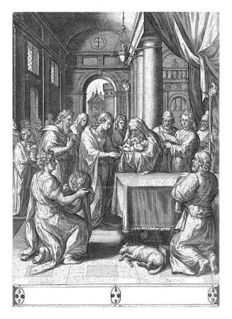 Foto de Presentación de Cristo en el Templo, Hans Collaert (I), después de Crispijn van den Broeck, 1576 Simeón en el Templo. Él tiene al Niño Jesús en sus brazos. Junto a él están María y José. - Imagen libre de derechos
