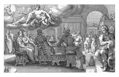 Téléchargez les photos : Soirée (Vêpres), Jacob Matham, d'après Karel van Mander (I), 1601 - 1605 Soirée. Représentation allégorique de la soirée, avec Vénus dans les nuages avec Amor et Diane comme déesse de la lune Luna. - en image libre de droit