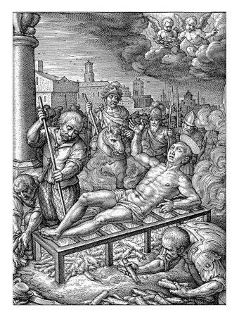 Foto de Martirio de San Lorenzo, Hieronymus Wierix, 1563 - antes de 1619 San Lorenzo yace en una rejilla bajo la cual se quema un fuego. Sus verdugos avivaron el fuego. - Imagen libre de derechos