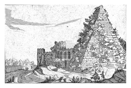 The pyramid of Gaius Cestius in Rome, in front of it a man on a donkey and a walker. Print from a series of Roman ruins, consisting of copies after a print series by Willem van Nieulandt.