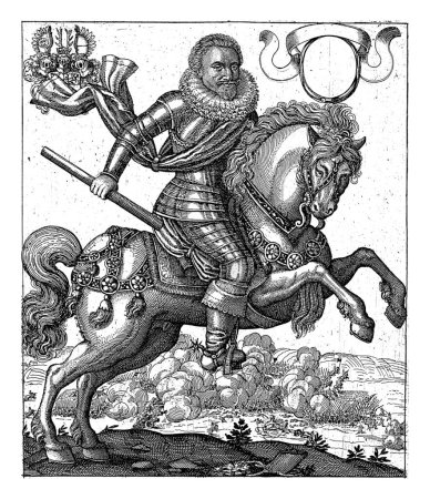 Equestrian portrait of Frederik Hendrik. His weapon is top left. A battle in the background. Seven lines of Latin text in the bottom margin.