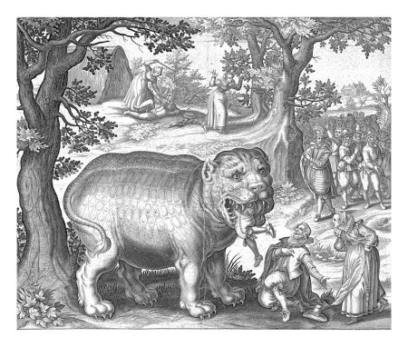 Téléchargez les photos : Bigorne, anonyme, 1600 - 1650 Bigorne, v. 1550. Un gros monstre qui mange un homme. Avant Bigorne s'agenouille un homme appelé "Bon frère" à côté de lui sa femme appelée "Devil'. - en image libre de droit