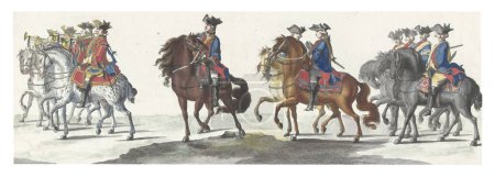 Guards on horseback, preceded by trumpeters. In the margin the caption in Dutch, French and English. Stadholder Willem IV