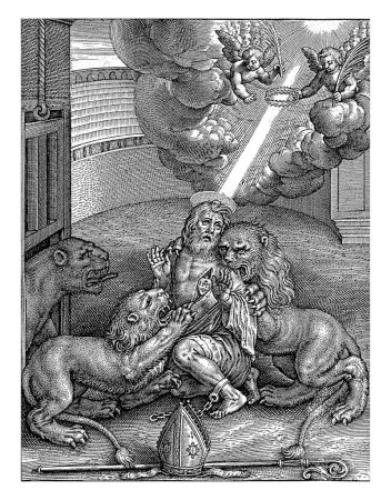 Foto de Martirio de San Ignacio de Antioquía, Jerónimo Wierix, 1563 - antes de 1619 En un anfiteatro San Ignacio, tercer obispo de Antioquía, es desgarrado por los leones. - Imagen libre de derechos