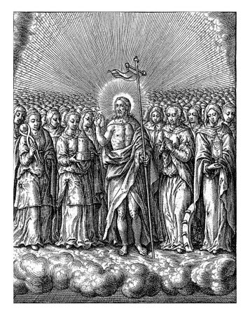 Foto de Virtud del Cielo, Jerónimo Wierix, 1563 - antes de 1619 Cristo resucitado en el cielo, acompañado por un gran número de santas. En el margen, una cita bíblica de dos líneas de Op.3. 14 en latín. - Imagen libre de derechos