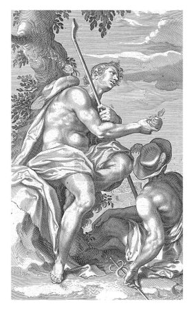 Paris is sitting under a tree. In his left hand he has a shepherd's staff and in his right hand an apple with the inscription 'Detur pulchriori'. Mercury sits at his feet.