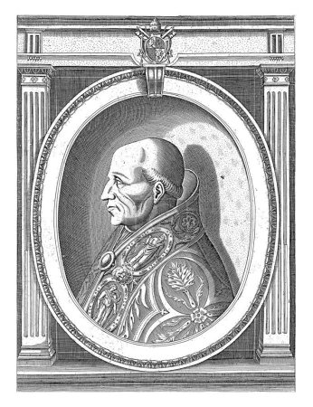 Foto de Retrato del Papa Adrián VI con las túnicas papales. Busto y perfil a la izquierda en un marco ovalado con letras de borde. - Imagen libre de derechos