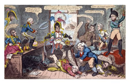 Téléchargez les photos : Caricature représentant le retour de Napoléon d'exil à Elbe, mars 1815. L'arrivée de Napoléon dérange les princes d'Europe qui travaillent dans un atelier de vêtements (l'Europe étant découpée en morceaux). - en image libre de droit