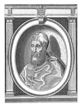 Foto de Retrato del Papa Pablo IV vestido con las túnicas papales, con un camauro en la cabeza. Busto a la izquierda en un marco ovalado con letras de borde. - Imagen libre de derechos