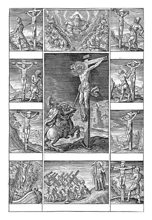 Foto de Cristo en la cruz y portador de la lanza, Hieronymus Wierix, 1597 - 1619 La muerte de Cristo en la cruz en el Calvario. Longino empuja su lanza al costado de Cristo. - Imagen libre de derechos