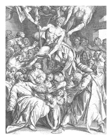 Téléchargez les photos : Le Christ représente un groupe de personnes. Un paralytique est descendu sur son matelas sur des cordes à travers le toit. - en image libre de droit