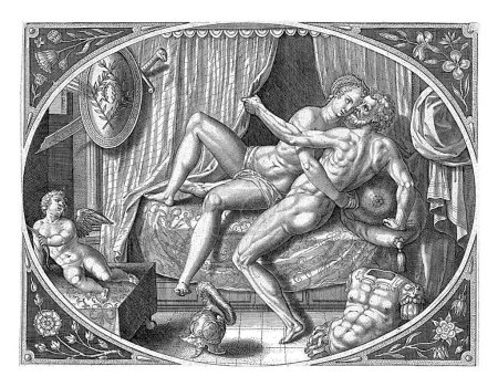 Foto de Adulterio de Venus y Marte, Jan Collaert (II), después de Philips Galle, 1576 - 1628 Marco oval que representa a Venus y Marte jugando adulterio en la cama de Venus. - Imagen libre de derechos