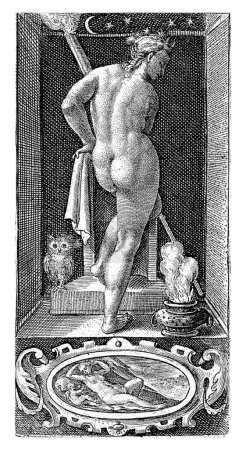 Nacht, Crispijn van de Passe (I), 1574 - 1637 Nicho con la personificación femenina de la noche, con estrellas alrededor de su cabeza. En su mano sostiene una antorcha ardiente.