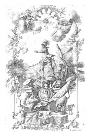 Foto de Un guerrero, posiblemente Marte, parado en un sótano con armas de guerra. En el fondo un sátiro sentado y un león. - Imagen libre de derechos