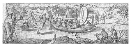 Téléchargez les photos : Une barge à glace traversant la glace dans un village, ca. 1600. Il y a aussi sur la glace des joueurs de flacons, des soldats et un homme avec un traîneau poussoir. - en image libre de droit