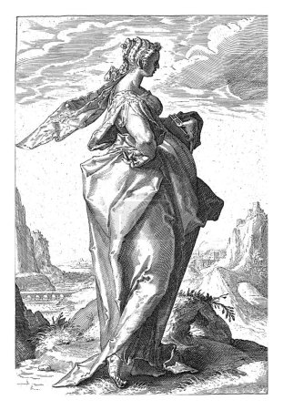 La profetisa Deborah, de pie con una mano sobre su costado y en su otra mano un libro (el Antiguo Testamento).