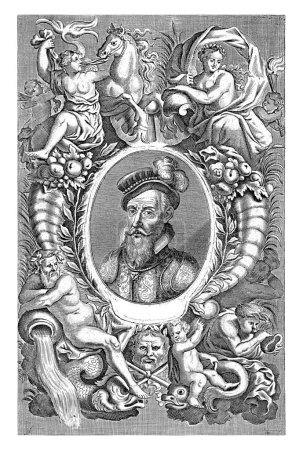 Foto de Retrato de Robert Dudley, Gaspar Bouttats, 1650 - 1695 Retrato en marco oval de Robert Dudley, conde de Leicester, en armadura. Busto frontal izquierdo. Ninfas del agua y criaturas del agua. - Imagen libre de derechos