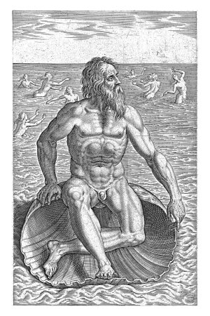 Dios del mar Nereus, Philips Galle, 1586. El dios del mar Nereo, sentado en una concha. Detrás de él hay numerosas hijas. La impresión es parte de una serie de diecisiete partes sobre dioses del río y del mar.