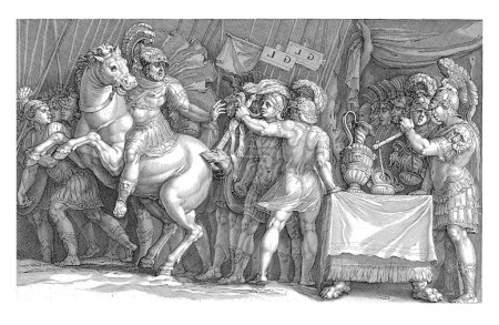 Marcus Furius Camillus arrives in Rome to negotiate with the Gauls. He sits on a horse and reaches for a sword handed to him by a soldier.