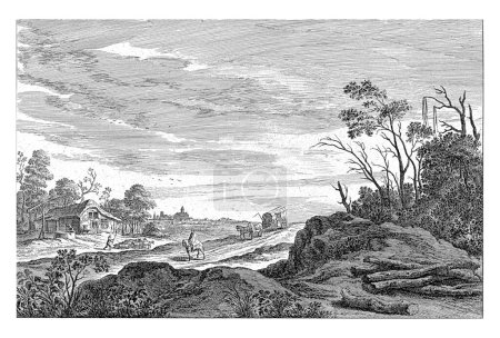 On a road ride a rider and a carriage drawn by two horses. On the left a farm, for which a man draws water and a farmer walks with his cattle. Print from a series of landscapes.