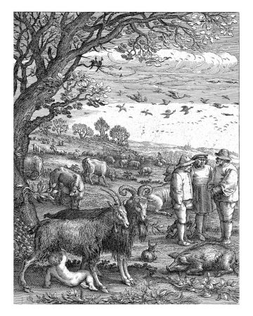 Foto de Vacas y cabras pastan en un paisaje de prado con un gran árbol a la izquierda. En primer plano a la izquierda dos cabras; entre ellas Júpiter como un bebé bebiendo leche de la ubre de Amaltea. - Imagen libre de derechos