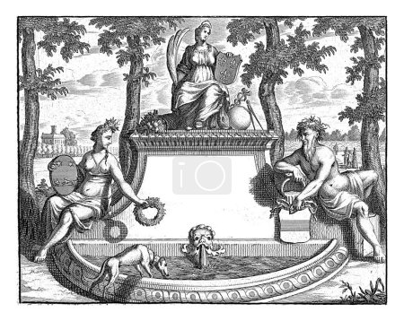 Allegorische Figuren mit Wappen auf einem Brunnen, Joseph Mulder, 1680 - 1702 Brunnen mit einer Statue des Ruhms mit Palmzweig und einem französischen Wappen in den Händen.