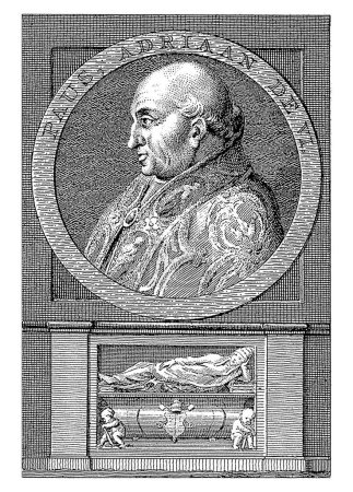 Foto de Retrato del Papa Adrián VI en un marco circular con letras de borde. En un marco una representación de su tumba. - Imagen libre de derechos
