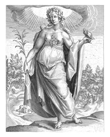 Paz: una mujer vestida con una larga túnica, con pechos desnudos, corona de laurel en la cabeza, de pie frente a un paisaje. En su mano derecha sostiene una rama de palma, a su izquierda hay un par de tórtolas.
