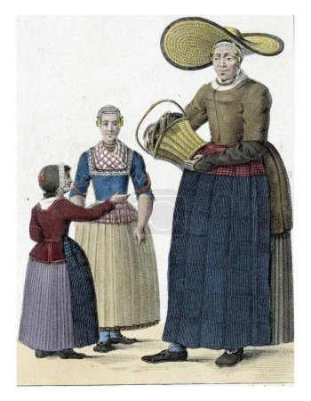 Photo pour Une femme avec un panier et deux enfants dans Assendelft traditionnel. - image libre de droit
