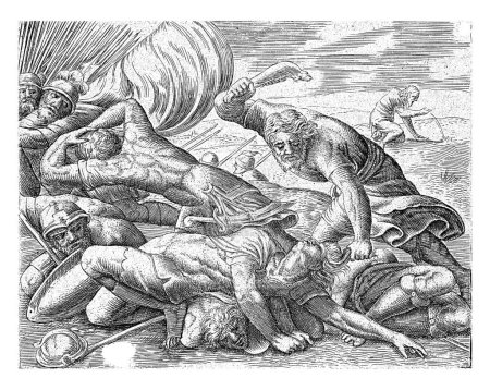 Foto de Samson slays the Philistines with an ass jaw, Cornelis Massijs, 1562 Samson slays the Philistines with the jawbone of an ass. In the background water flows from the jawbone of the donkey. - Imagen libre de derechos