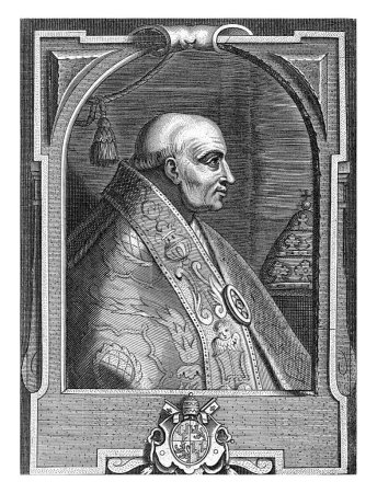 Bust portrait of Pope Adrian VI. In the background the papal tiara. The portrait is framed in an arc-shaped frame with the coat of arms of the person portrayed and a two-line caption in Latin.