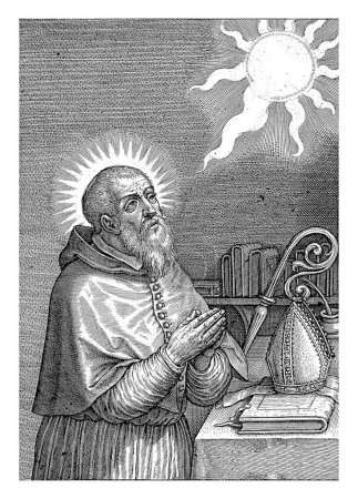 Foto de S. Epifanio, Jerónimo Wierix, 1563 - antes de 1619 San Epifanio de Pavía está de pie ante un escritorio en un estudio con las manos cruzadas en oración - Imagen libre de derechos