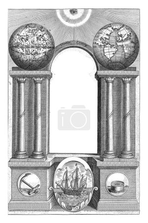 The all-seeing eye looks down on architecture crowned with world globe and celestial globe resting on columns either side of titled arch, two medallions with anchor and compass on the pedestal.