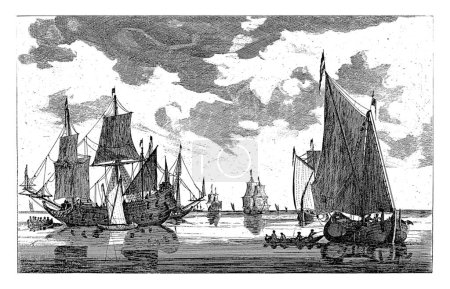 On the left a warship with a small sailing ship and a sloop alongside. On the right a sailing ship and sloop.