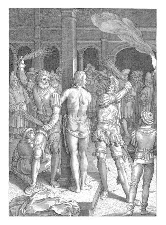 Photo for Flagellation of Christ, Nicolaes de Bruyn, 1619 Christ is tied to a column and beaten by soldiers on the orders of Pontius Pilate. - Royalty Free Image