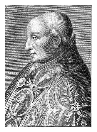 Téléchargez les photos : Buste portrait du pape Adrian VI vêtu d'un manteau richement décoré. Ci-dessous la performance un verset de huit lignes en néerlandais. - en image libre de droit