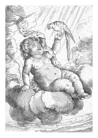 Téléchargez les photos : Un garçon nu s'assoit sur un nuage et tient un perroquet dans sa main. Tirage d'une série de quatre estampes représentant les quatre éléments. - en image libre de droit