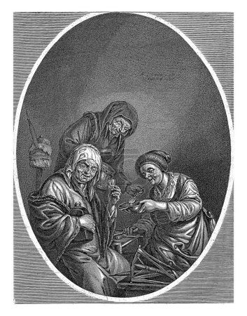Foto de Tres ancianas, Jonas Suyderhoef, después de Adriaen van Ostade, c. 1623 - 1686 Tres ancianas juntas. La mujer de la izquierda levanta un vaso, agarrando una jarra contra ella. - Imagen libre de derechos