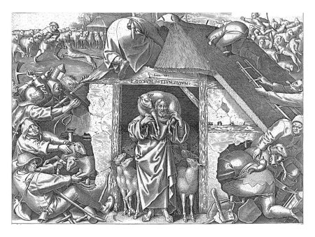 Téléchargez les photos : Parabole de Christ comme Bon Pasteur, Philips Galle, d'après Pieter Bruegel (I), 1615 - 1676 Christ debout dans la porte de la bergerie avec un agneau sur ses épaules. - en image libre de droit