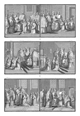 Photo for Consecration of nuns, Bernard Picart (workshop of), 1722 Sheet with six representations of the consecration of nuns. Top left: The bishop gives rings to newly ordained nuns. - Royalty Free Image