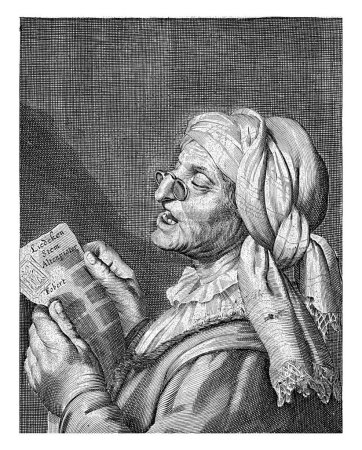 Foto de Una anciana con gafas en la nariz torcida canta una canción que lee de una hoja de papel delante de ella. Verso holandés en el margen inferior. - Imagen libre de derechos