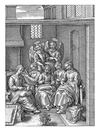 Foto de Joven María como costurera, Hieronymus Wierix, 1563 - antes de 1619 La joven virgen María está cosiendo, junto con otras cuatro mujeres jóvenes. - Imagen libre de derechos