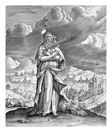 Foto de Paisaje con Santa Margarita de Antioquía, Antonie Wierix (II), 1565 - antes de 1604 Santa Margarita de Antioquía se encuentra en una colina, sus brazos cruzados delante de su pecho. - Imagen libre de derechos