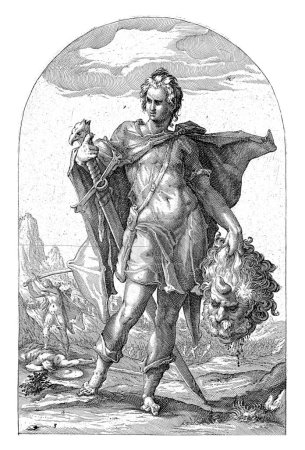 Foto de David con una espada y la cabeza de Goliat. En el fondo la escena donde le corta la cabeza a Goliat. - Imagen libre de derechos